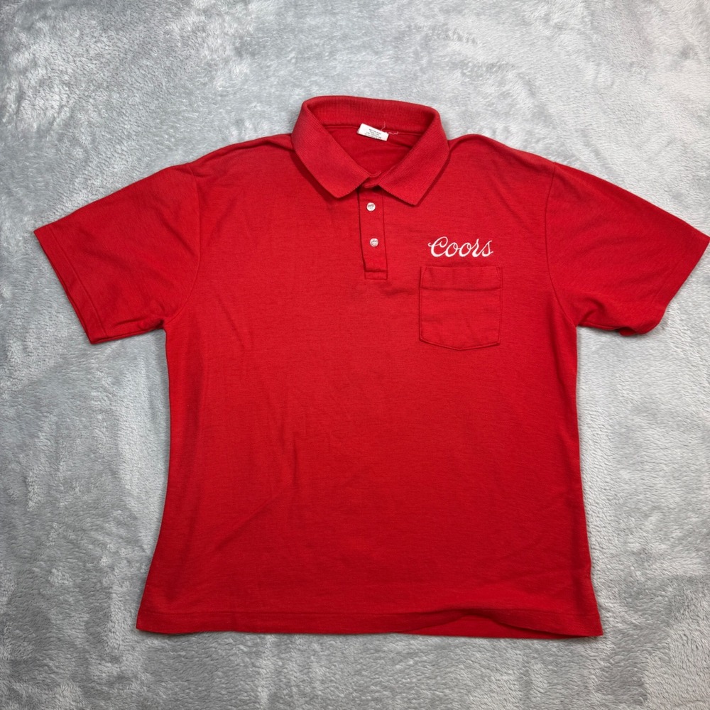 Vintage Velva Sheen Polo Shirt Mens L Red Coors Beer Script Pocket 80s